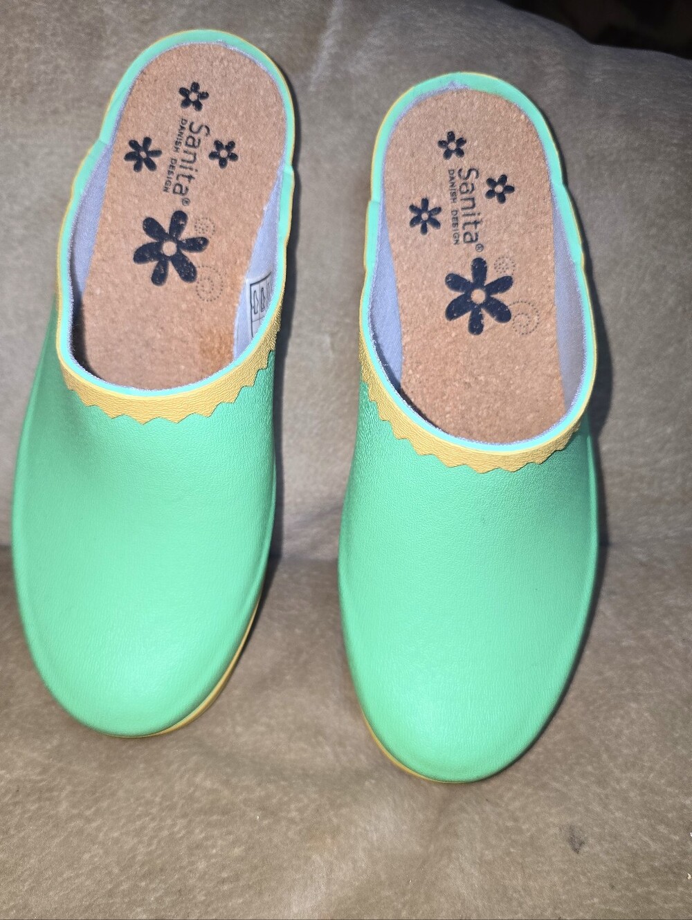 Sanita Mint Green Rubber Slip-On Clogs with Yellow Trim Size 38